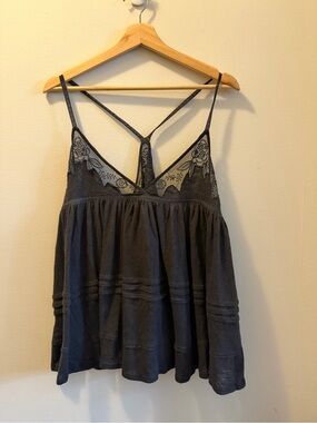 Free People Black Lace-Trim Spaghetti Strap Cami